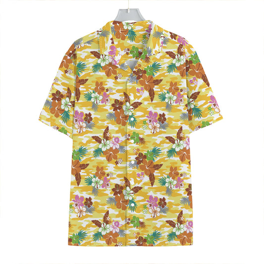 Yellow Camo And Hibiscus Flower Print Hawaiian Shirt