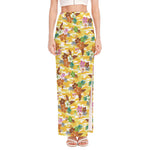 Yellow Camo And Hibiscus Flower Print High Slit Maxi Skirt