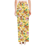 Yellow Camo And Hibiscus Flower Print High Slit Maxi Skirt
