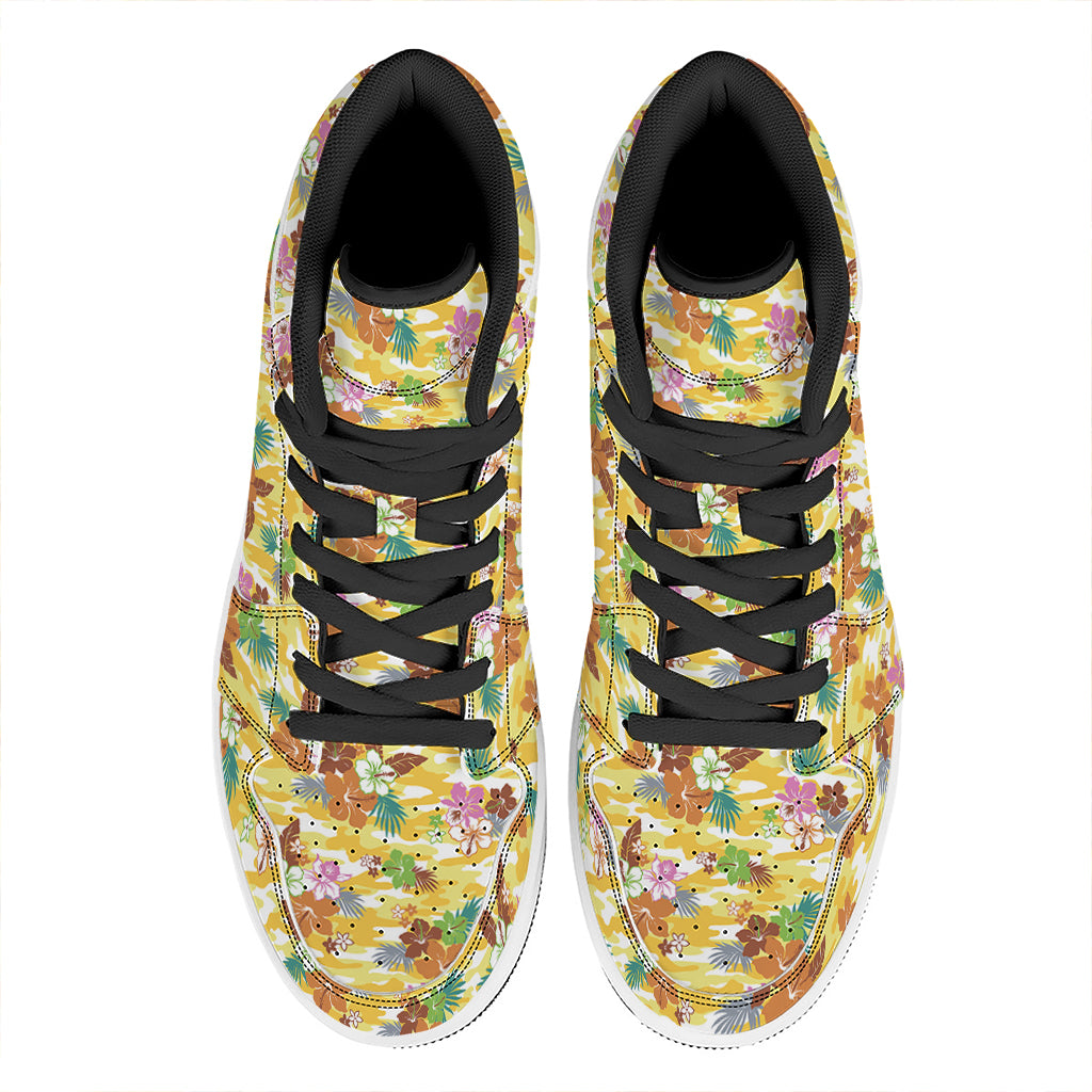 Yellow Camo And Hibiscus Flower Print High Top Leather Sneakers