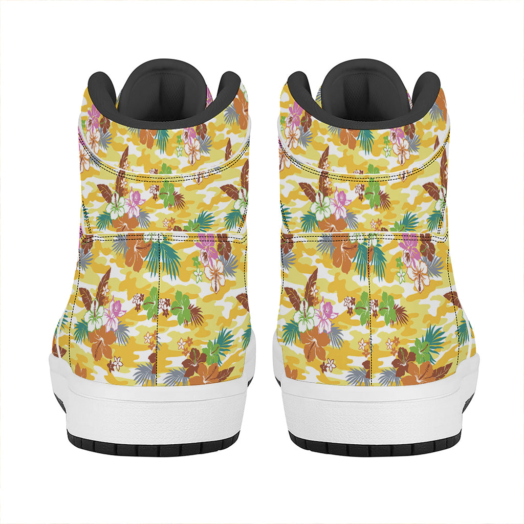 Yellow Camo And Hibiscus Flower Print High Top Leather Sneakers