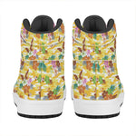 Yellow Camo And Hibiscus Flower Print High Top Leather Sneakers