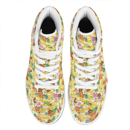 Yellow Camo And Hibiscus Flower Print High Top Leather Sneakers