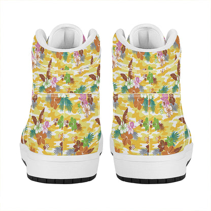 Yellow Camo And Hibiscus Flower Print High Top Leather Sneakers