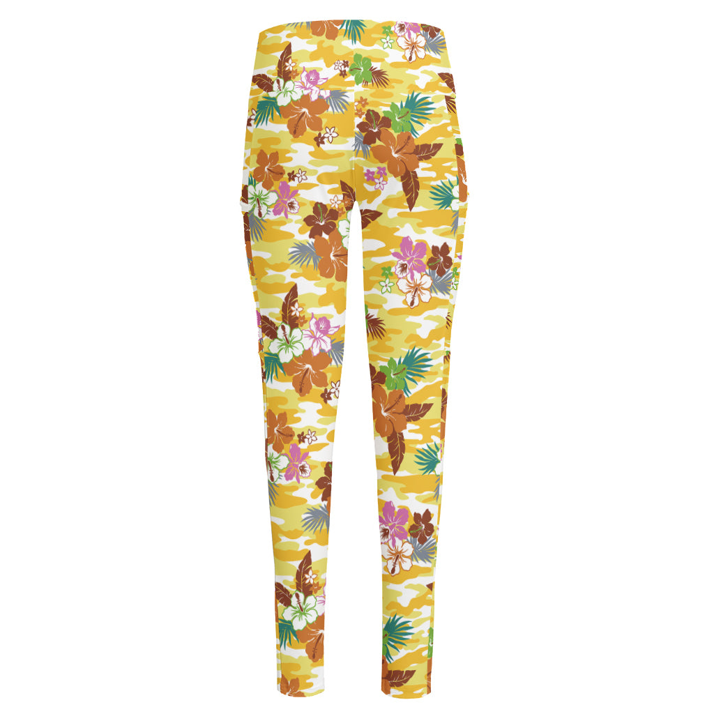 Yellow Camo And Hibiscus Flower Print High-Waisted Pocket Leggings