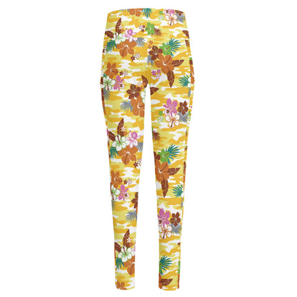 Yellow Camo And Hibiscus Flower Print High-Waisted Pocket Leggings
