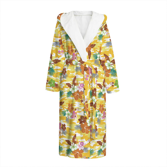 Yellow Camo And Hibiscus Flower Print Hooded Bathrobe