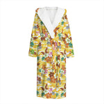 Yellow Camo And Hibiscus Flower Print Hooded Bathrobe