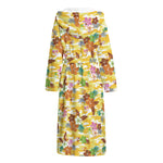 Yellow Camo And Hibiscus Flower Print Hooded Bathrobe
