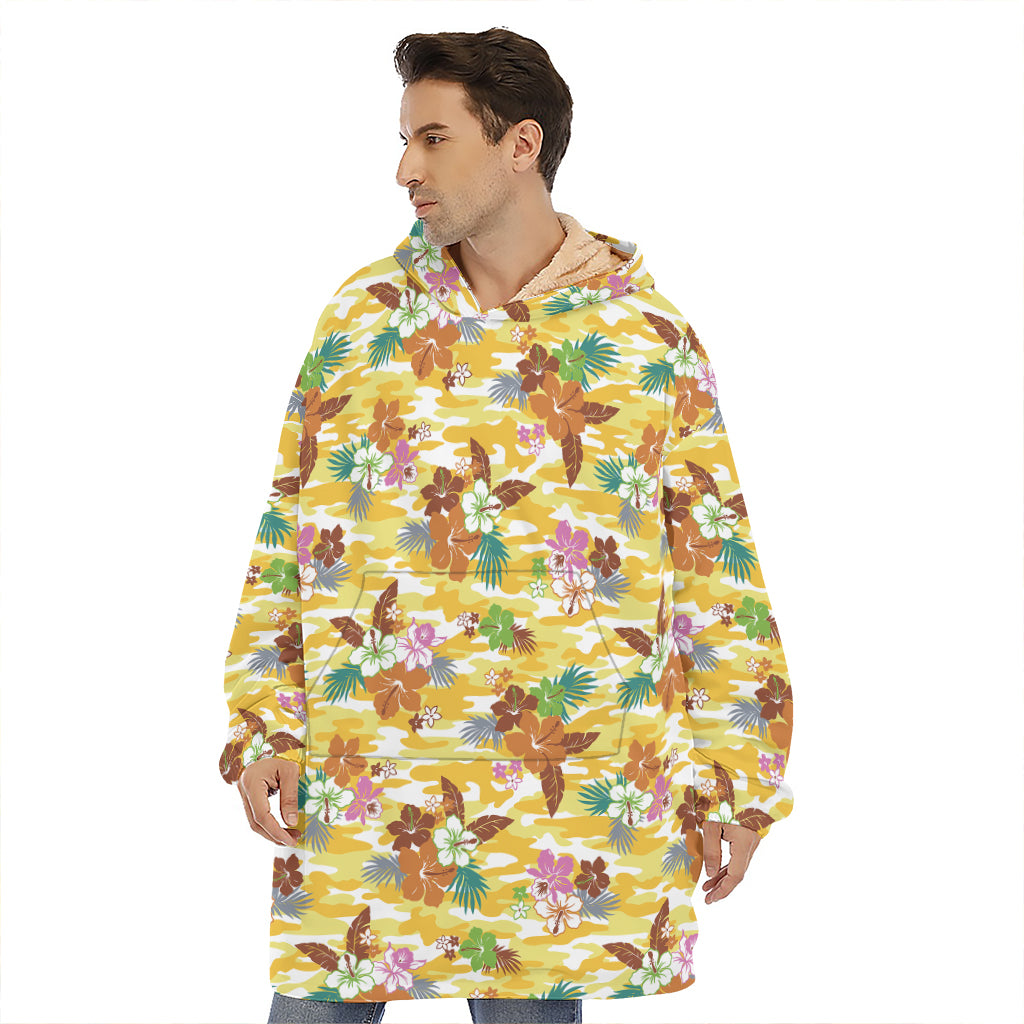 Yellow Camo And Hibiscus Flower Print Hoodie Blanket