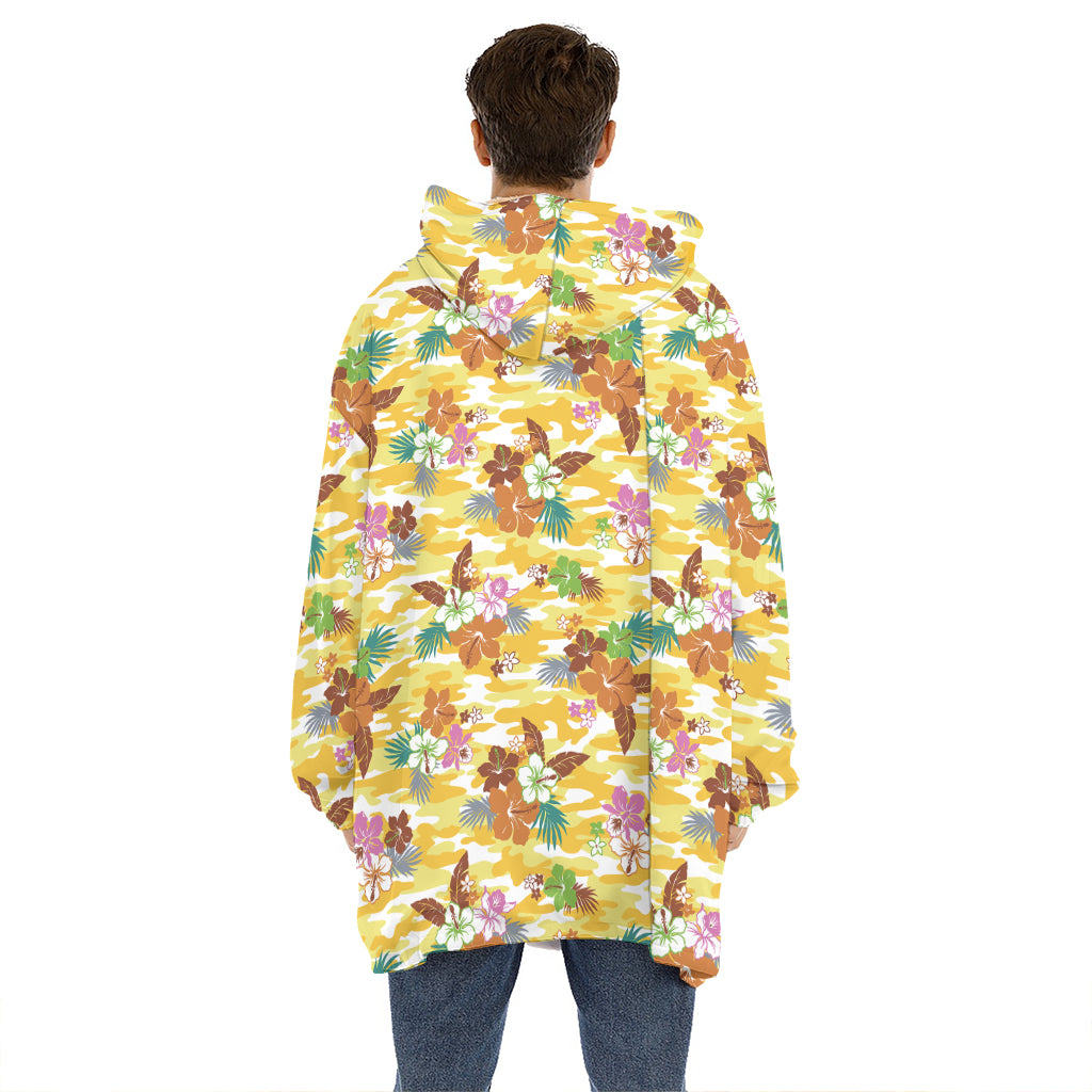 Yellow Camo And Hibiscus Flower Print Hoodie Blanket