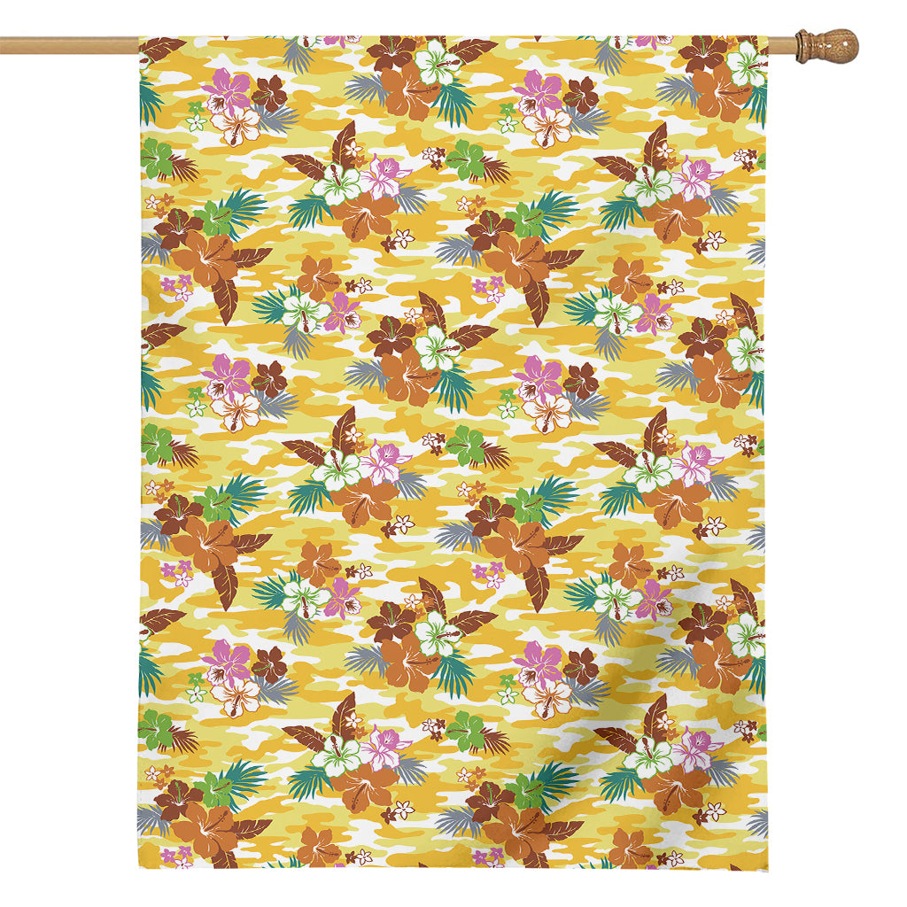 Yellow Camo And Hibiscus Flower Print House Flag