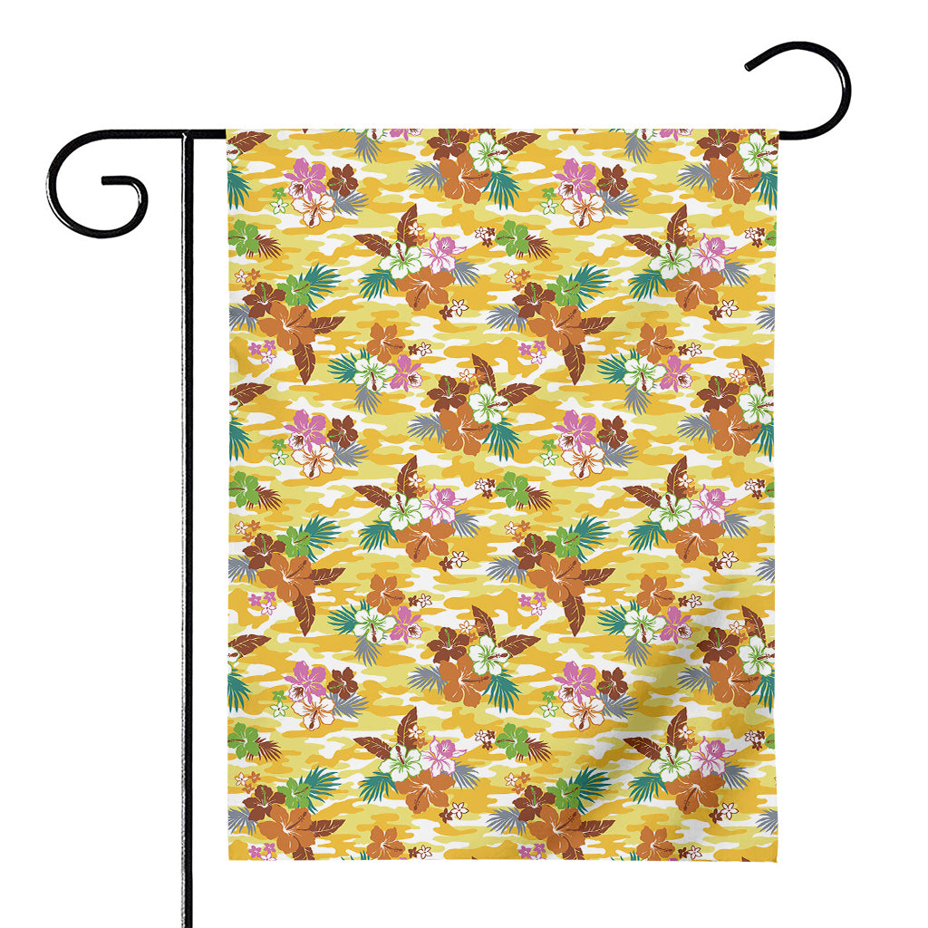 Yellow Camo And Hibiscus Flower Print House Flag