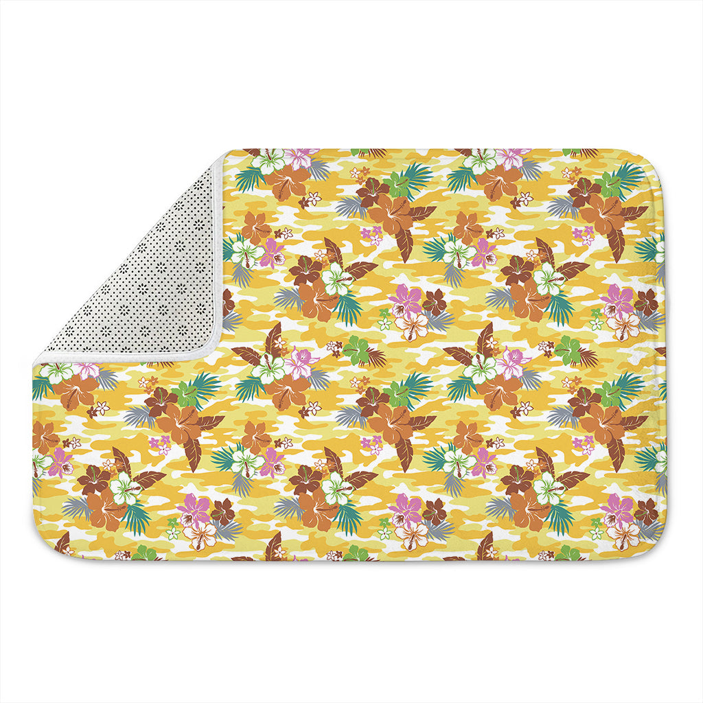 Yellow Camo And Hibiscus Flower Print Indoor Door Mat