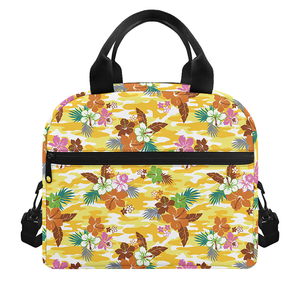 Yellow Camo And Hibiscus Flower Print Insulated Lunch Bag