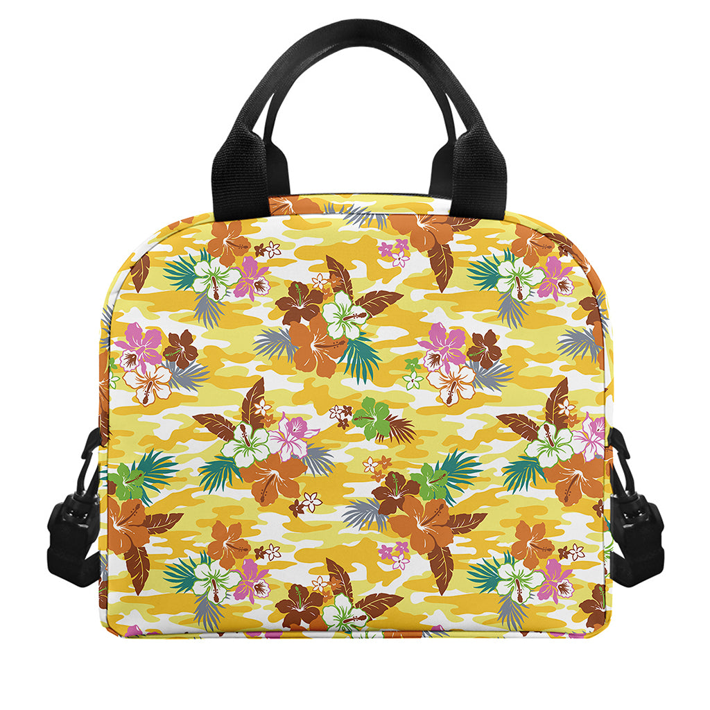 Yellow Camo And Hibiscus Flower Print Insulated Lunch Bag