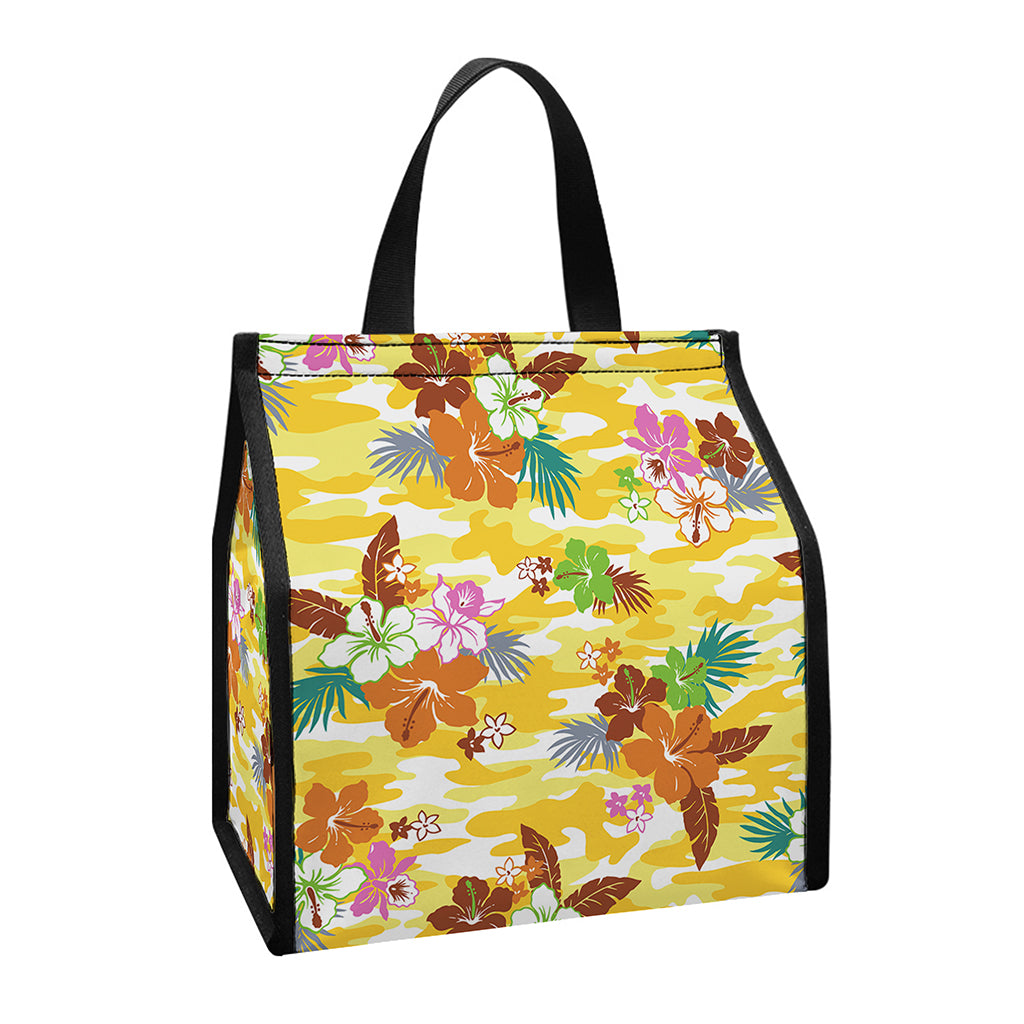 Yellow Camo And Hibiscus Flower Print Insulated Lunch Tote