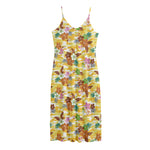 Yellow Camo And Hibiscus Flower Print Jersey Midi Cami Dress