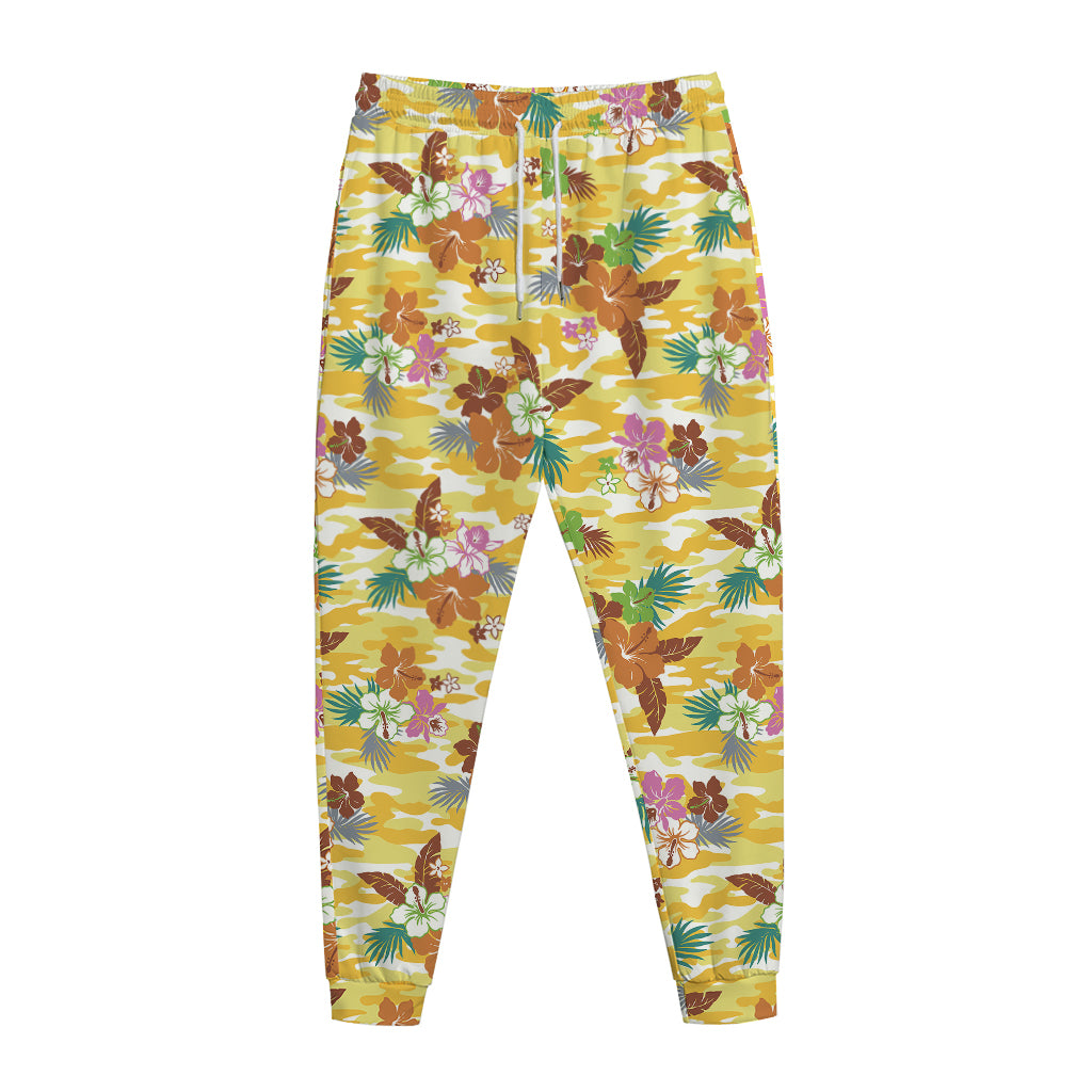 Yellow Camo And Hibiscus Flower Print Jogger Pants