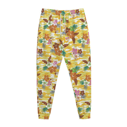 Yellow Camo And Hibiscus Flower Print Jogger Pants