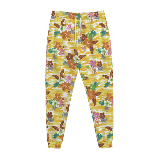 Yellow Camo And Hibiscus Flower Print Jogger Pants