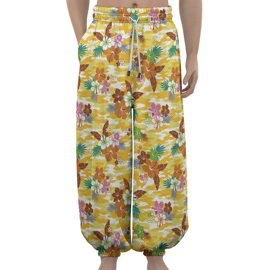 Yellow Camo And Hibiscus Flower Print Lantern Pants