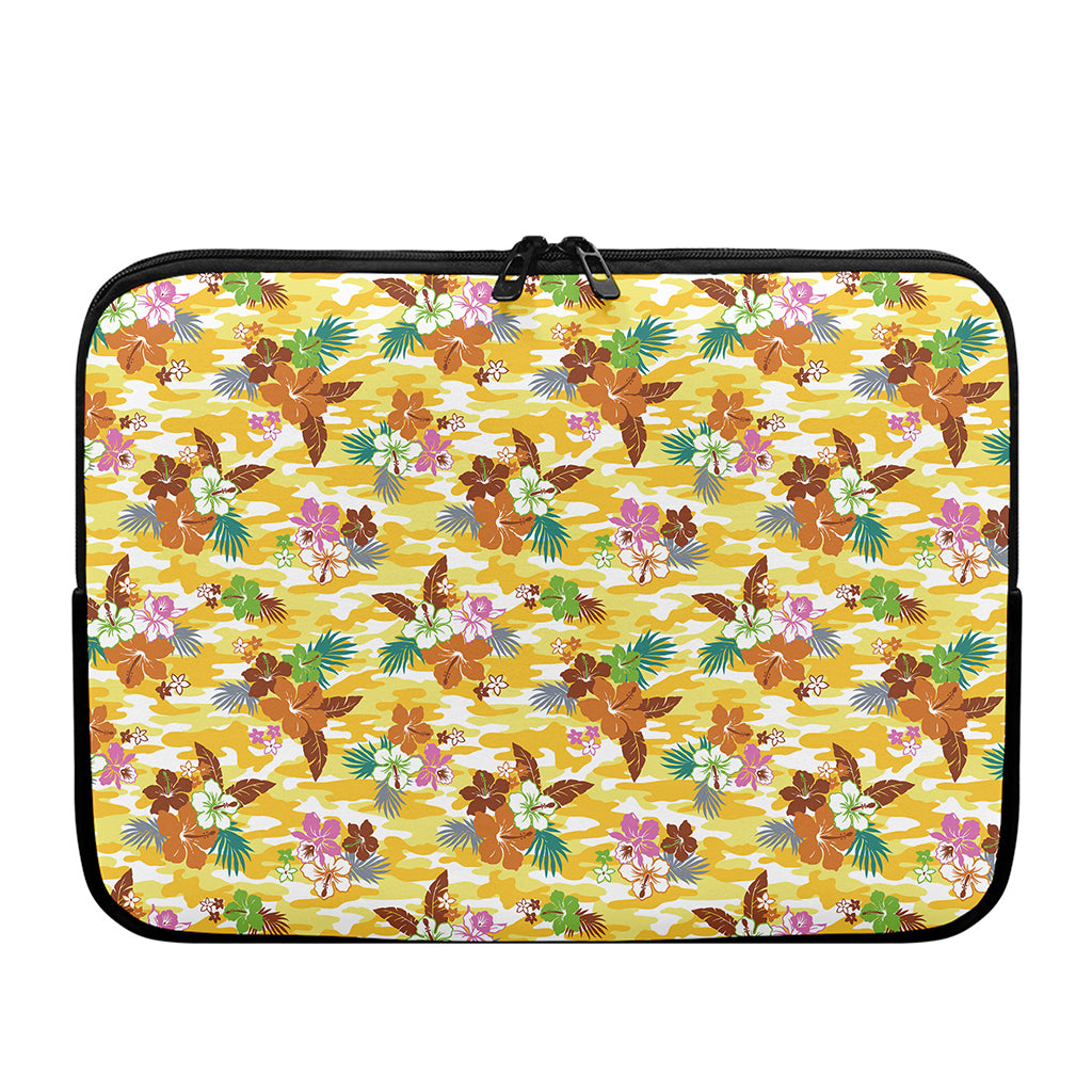 Yellow Camo And Hibiscus Flower Print Laptop Sleeve