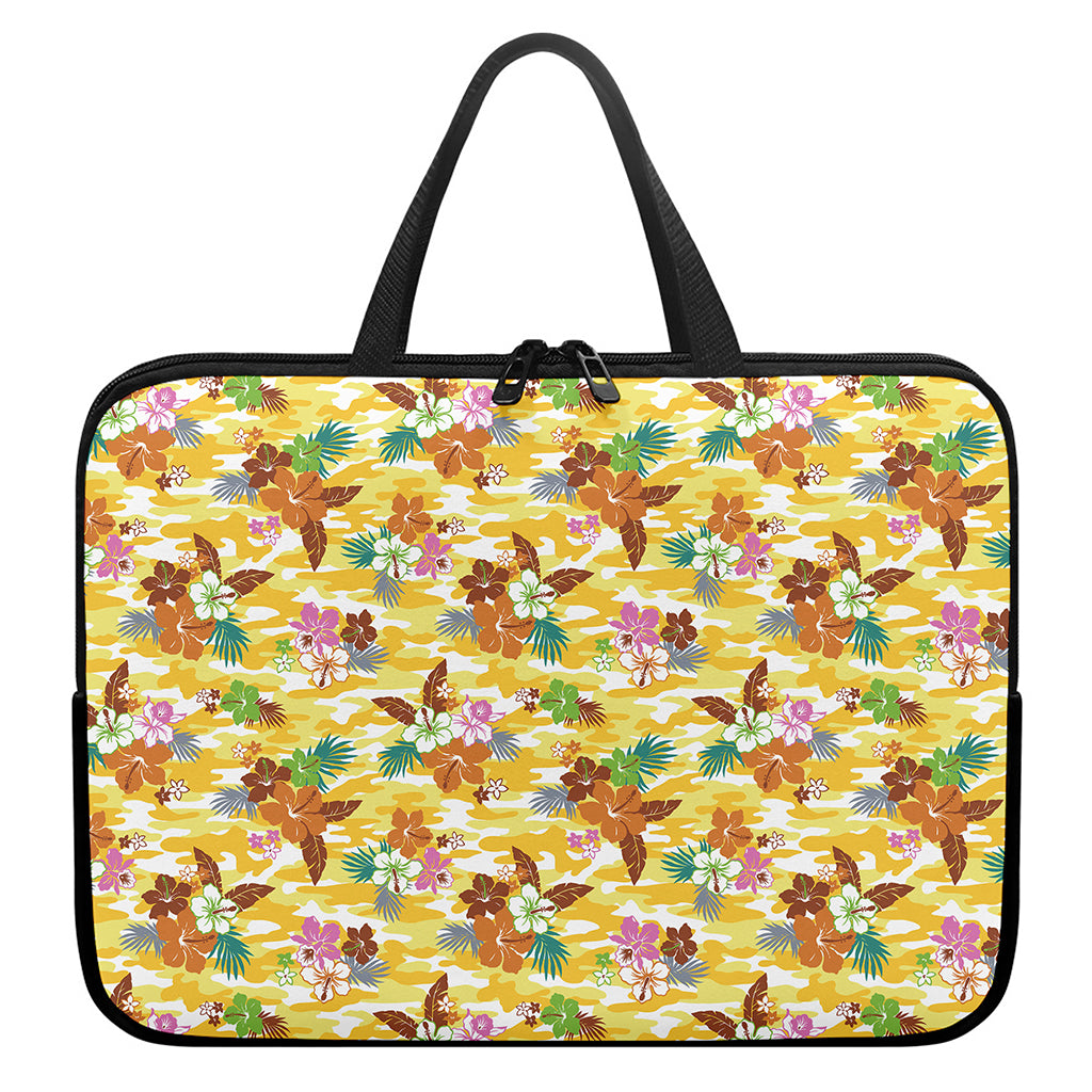 Yellow Camo And Hibiscus Flower Print Laptop Sleeve With Handle