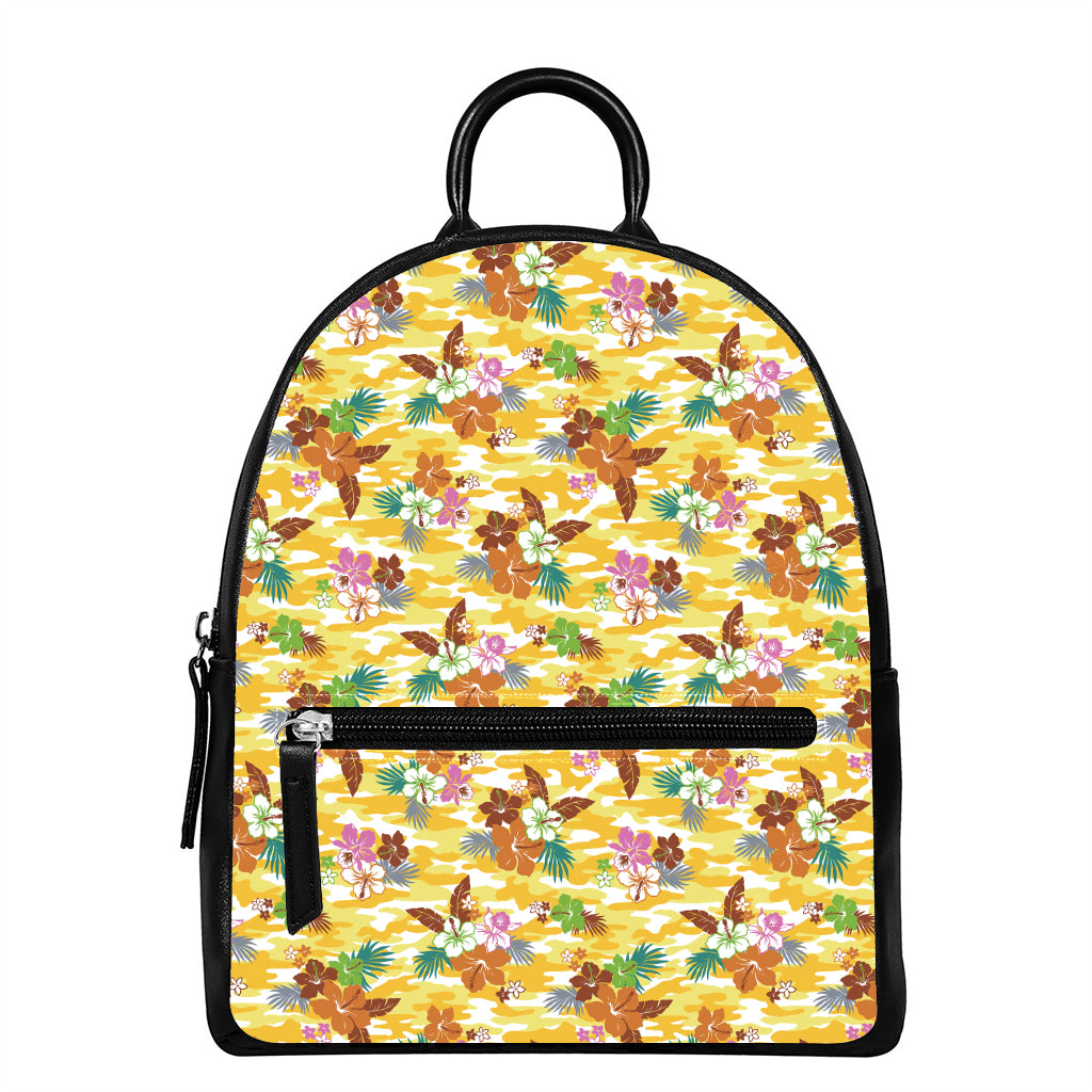 Yellow Camo And Hibiscus Flower Print Leather Backpack
