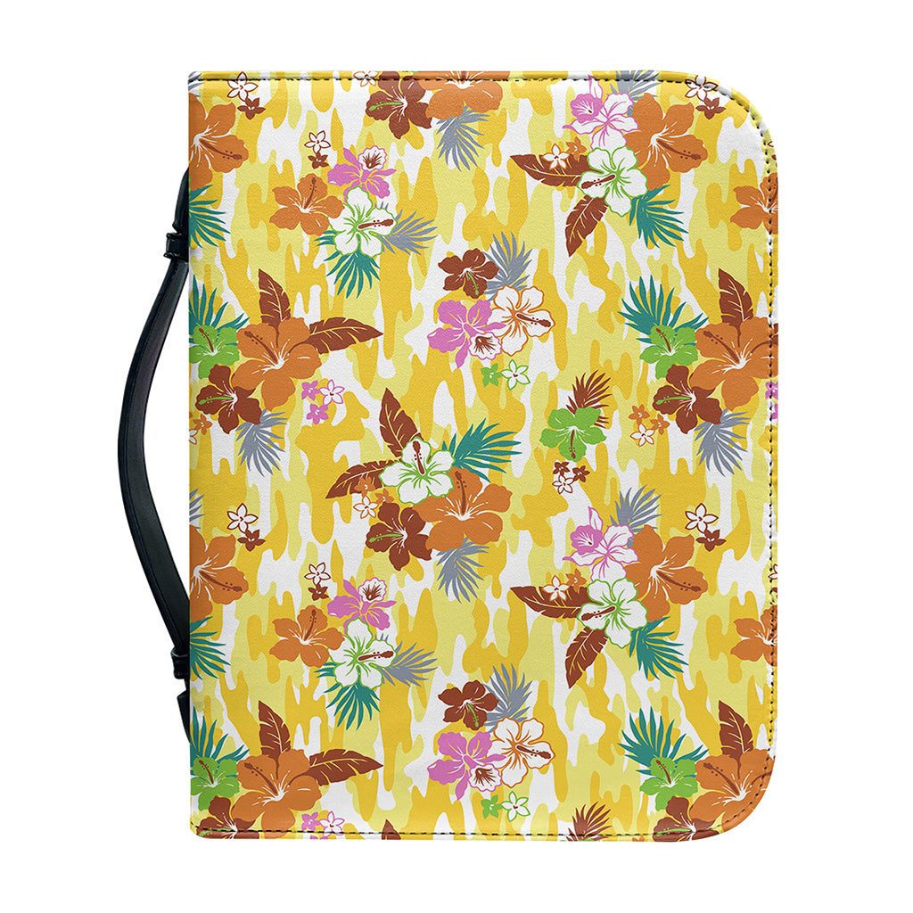 Yellow Camo And Hibiscus Flower Print Leather Bible Cover