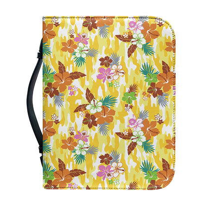 Yellow Camo And Hibiscus Flower Print Leather Bible Cover