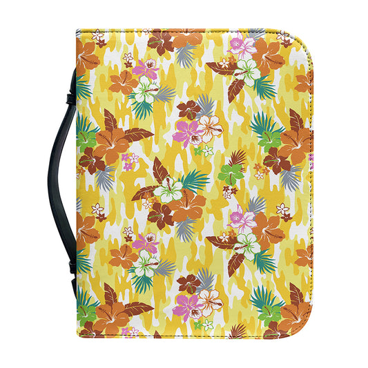 Yellow Camo And Hibiscus Flower Print Leather Bible Cover