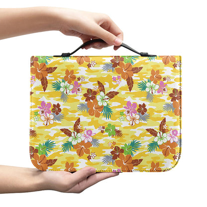 Yellow Camo And Hibiscus Flower Print Leather Bible Cover