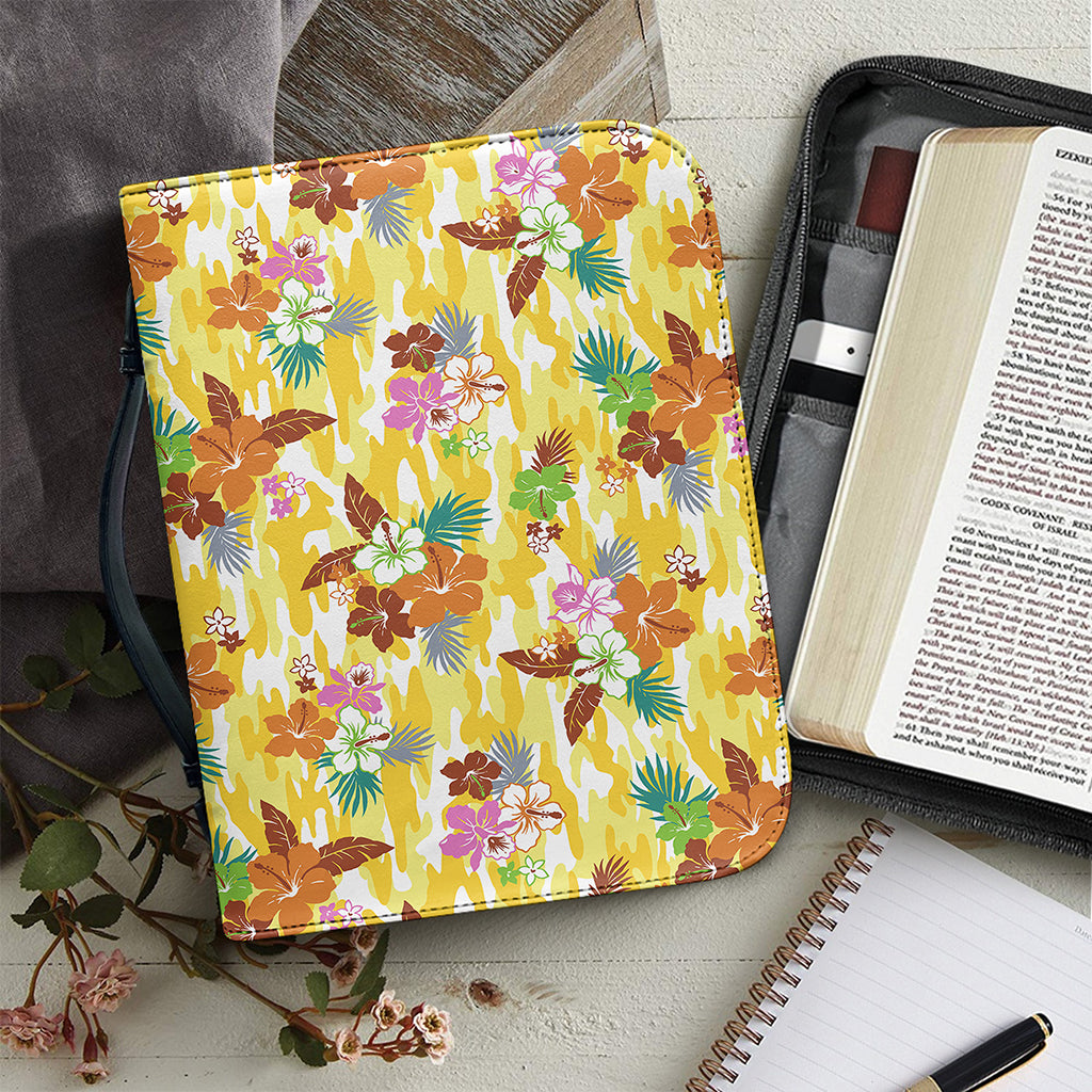 Yellow Camo And Hibiscus Flower Print Leather Bible Cover