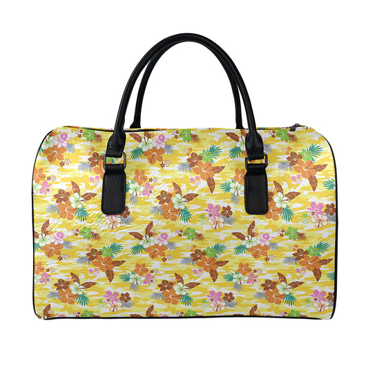 Yellow Camo And Hibiscus Flower Print Leather Duffle Bag