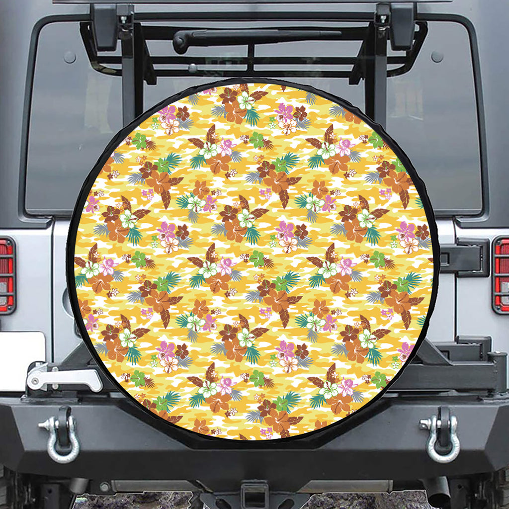 Yellow Camo And Hibiscus Flower Print Leather Spare Tire Cover