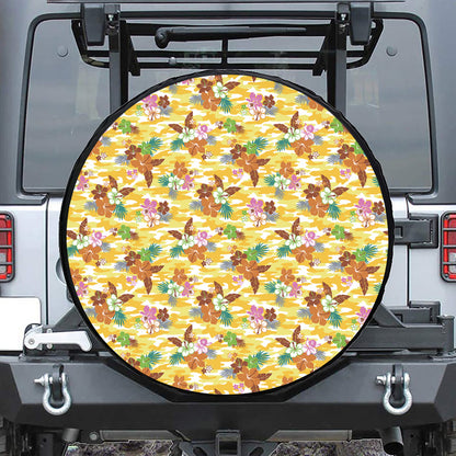 Yellow Camo And Hibiscus Flower Print Leather Spare Tire Cover