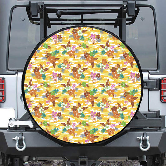 Yellow Camo And Hibiscus Flower Print Leather Spare Tire Cover