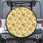 Yellow Camo And Hibiscus Flower Print Leather Spare Tire Cover