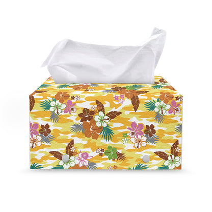 Yellow Camo And Hibiscus Flower Print Leather Tissue Box Cover