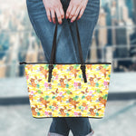 Yellow Camo And Hibiscus Flower Print Leather Tote Bag