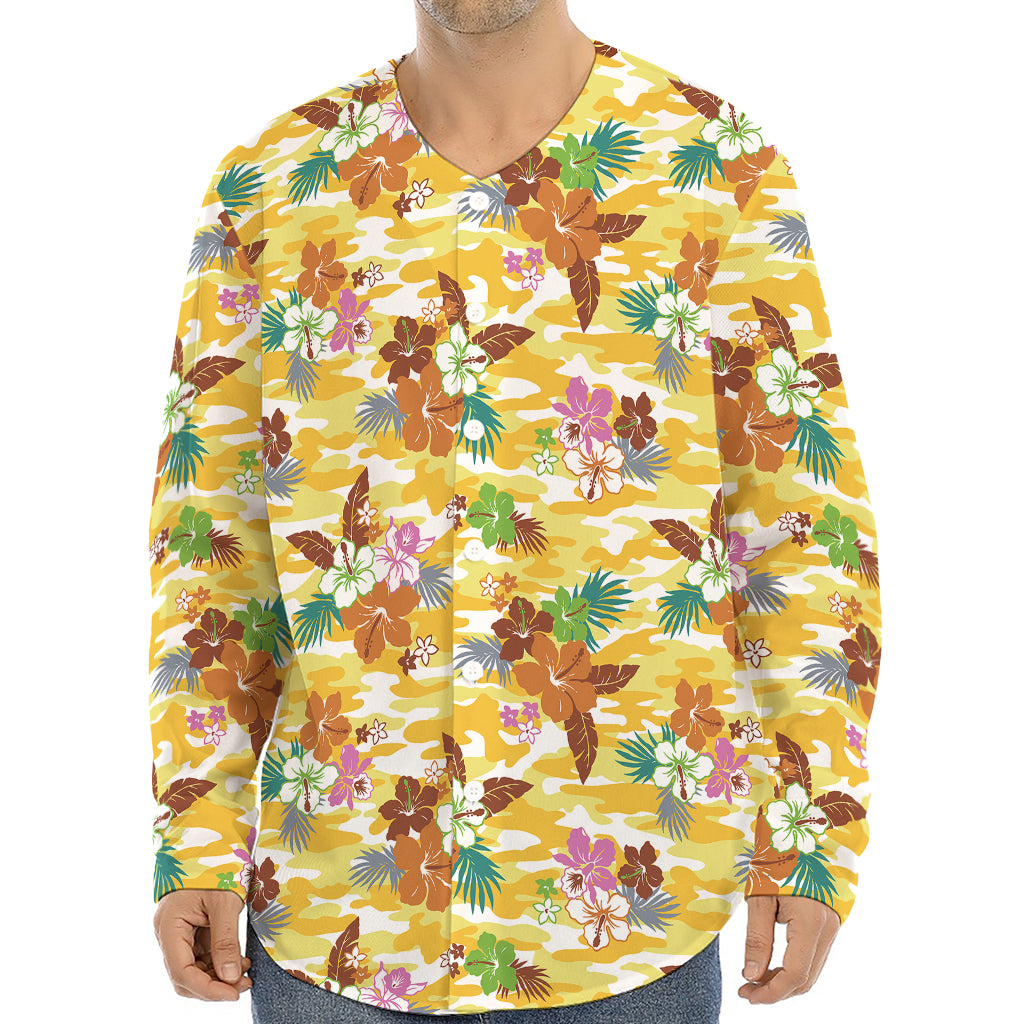 Yellow Camo And Hibiscus Flower Print Long Sleeve Baseball Jersey