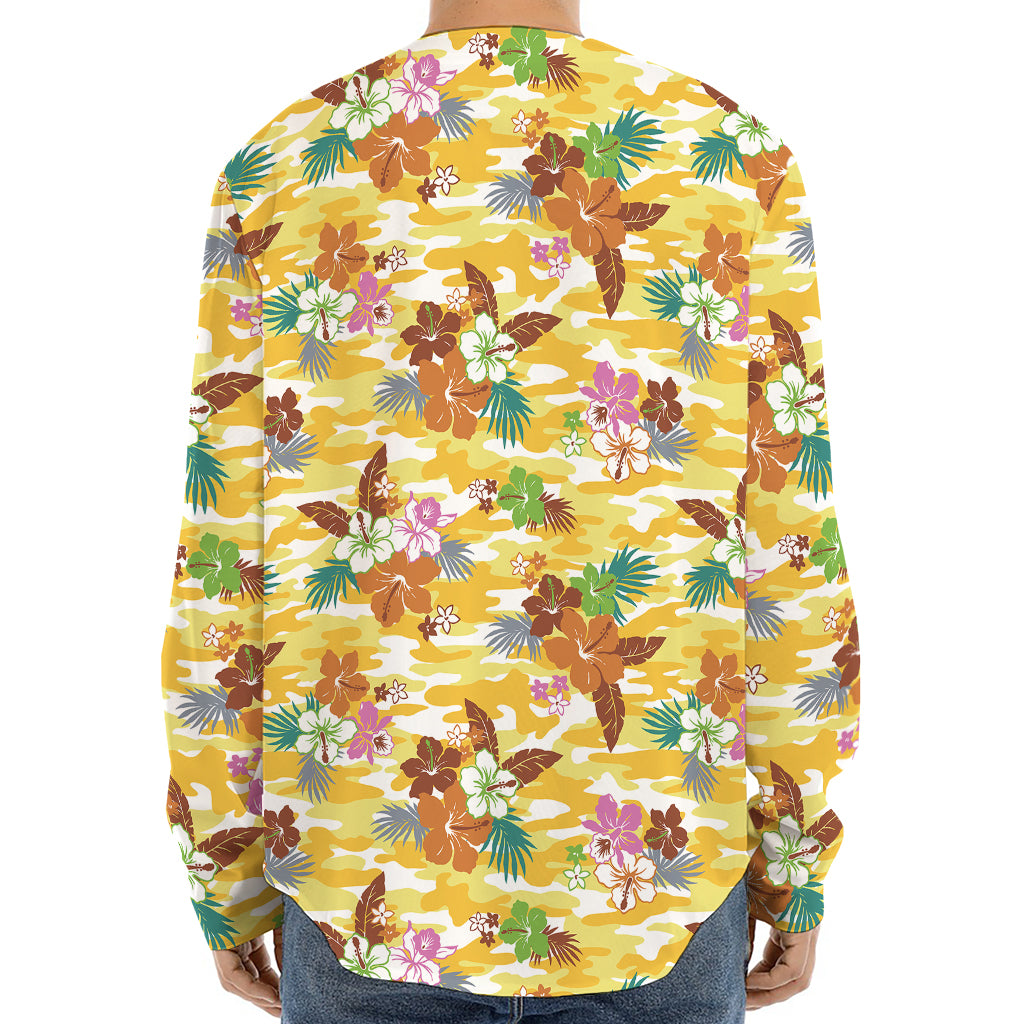 Yellow Camo And Hibiscus Flower Print Long Sleeve Baseball Jersey