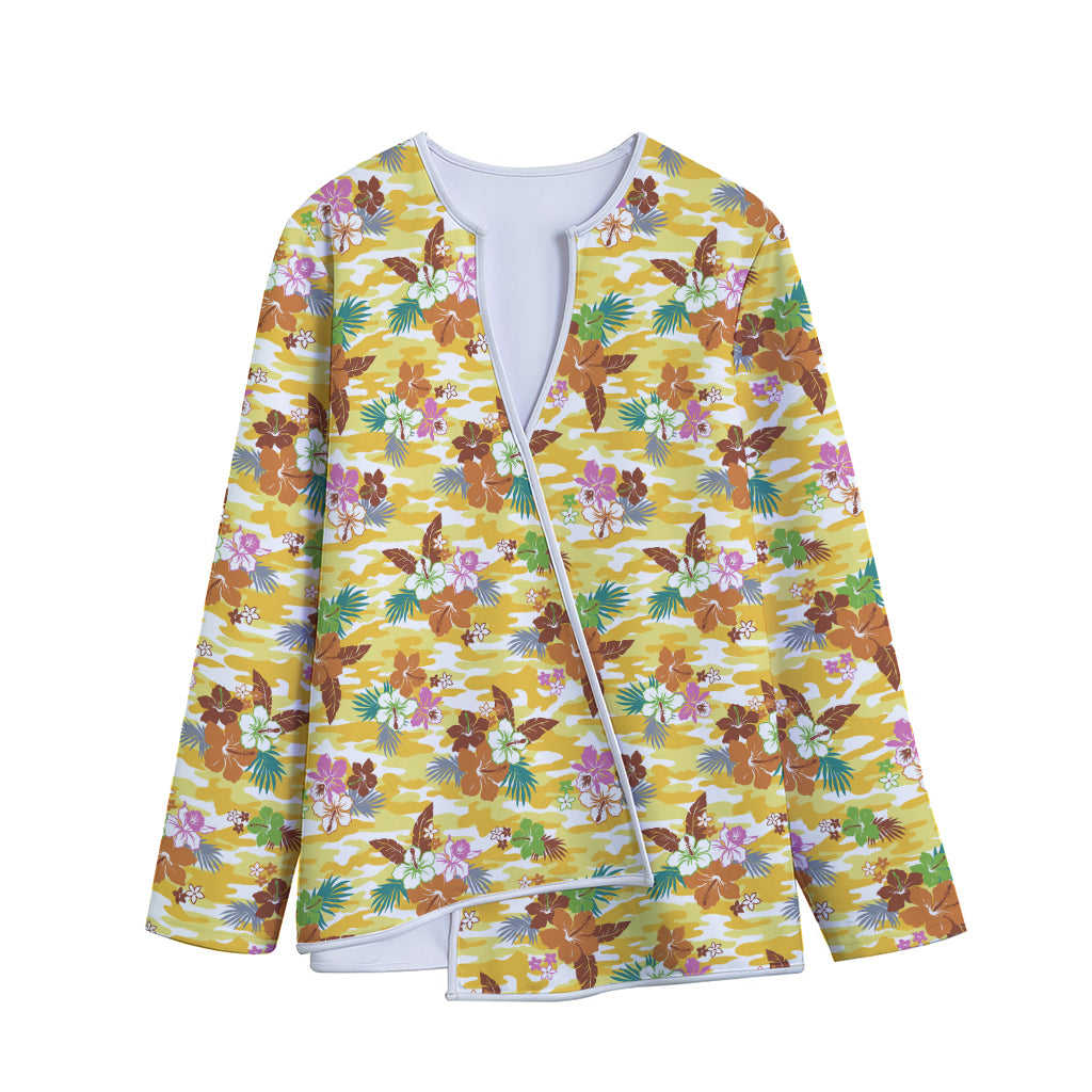 Yellow Camo And Hibiscus Flower Print Long Sleeve Short Coat