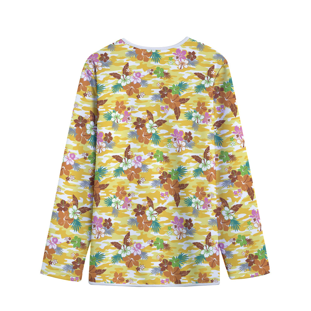 Yellow Camo And Hibiscus Flower Print Long Sleeve Short Coat