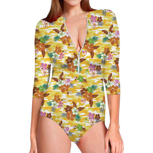 Yellow Camo And Hibiscus Flower Print Long Sleeve Swimsuit