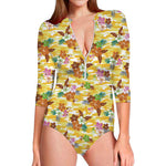 Yellow Camo And Hibiscus Flower Print Long Sleeve Swimsuit