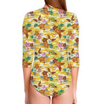 Yellow Camo And Hibiscus Flower Print Long Sleeve Swimsuit