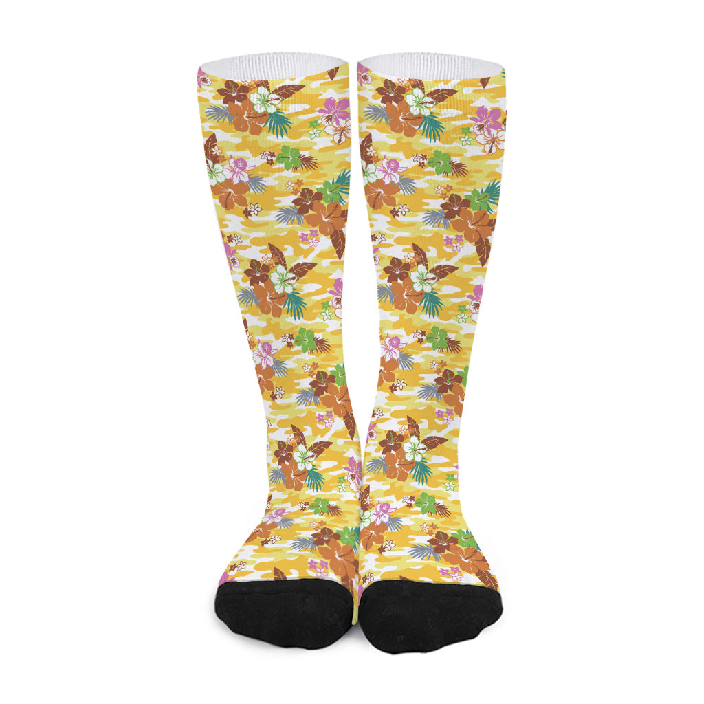 Yellow Camo And Hibiscus Flower Print Long Socks