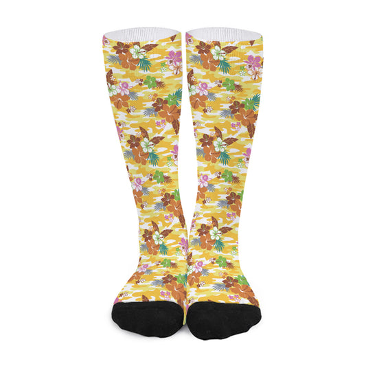 Yellow Camo And Hibiscus Flower Print Long Socks